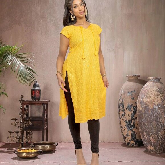 Yellow Kurta with Chikankari Threads | Muvvas Boutique - Picture 2 of 5